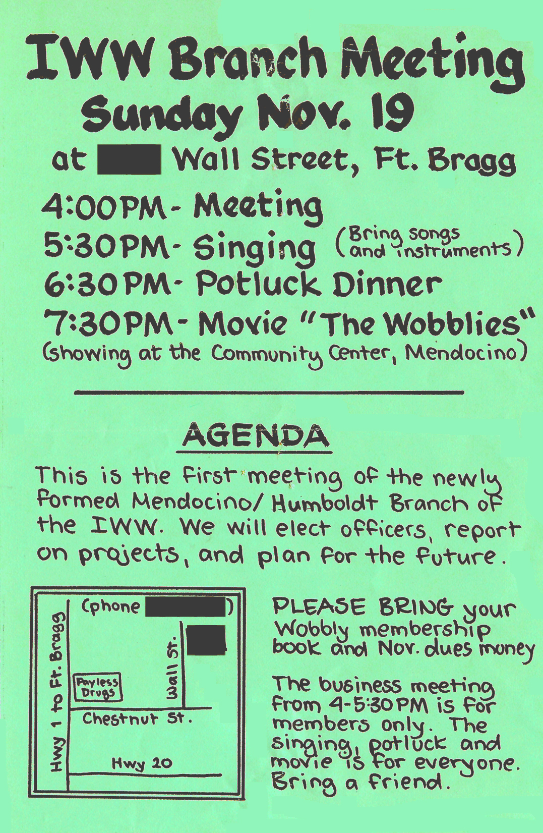 IWW Leaflet, hand drawn by Judi Bari, September 1989