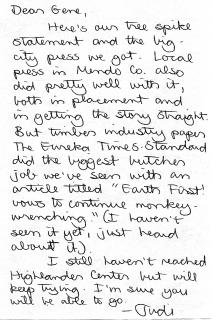 Judi Bari Letter to Gene Lawhorn 1